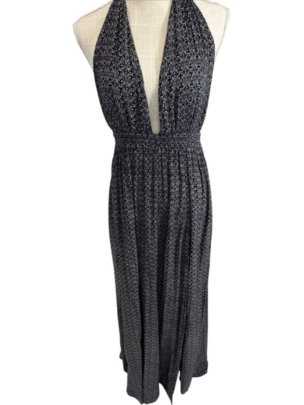 Magnolia South Black & White Boho Halter Maxi Rayon Dress M